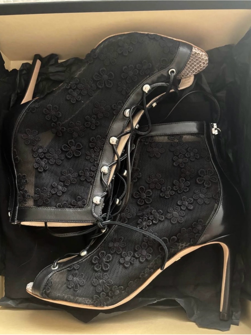 Giambattista Valli Lace Floral Open-Toe Ankle Boots